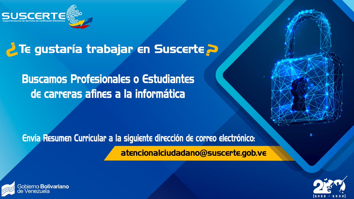 SUSCERTE's tweet photo. 🗣 ¡Epa! ¿Quieres ser parte de nuestro equipo?

Estamos en la búsqueda de gente como tú, profesionales o estudiantes ligados a la informática y la tecnología.

Envíanos tu CV a:

👩‍💻 atencionalciudadano@suscerte.gob.ve https://t.co/H7uRvrJGwA