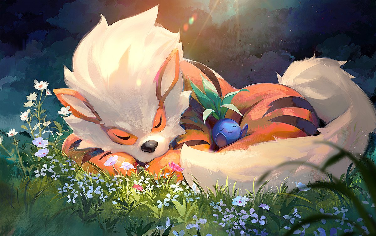 pokemon (creature) no humans flower grass closed eyes sleeping outdoors  illustration images