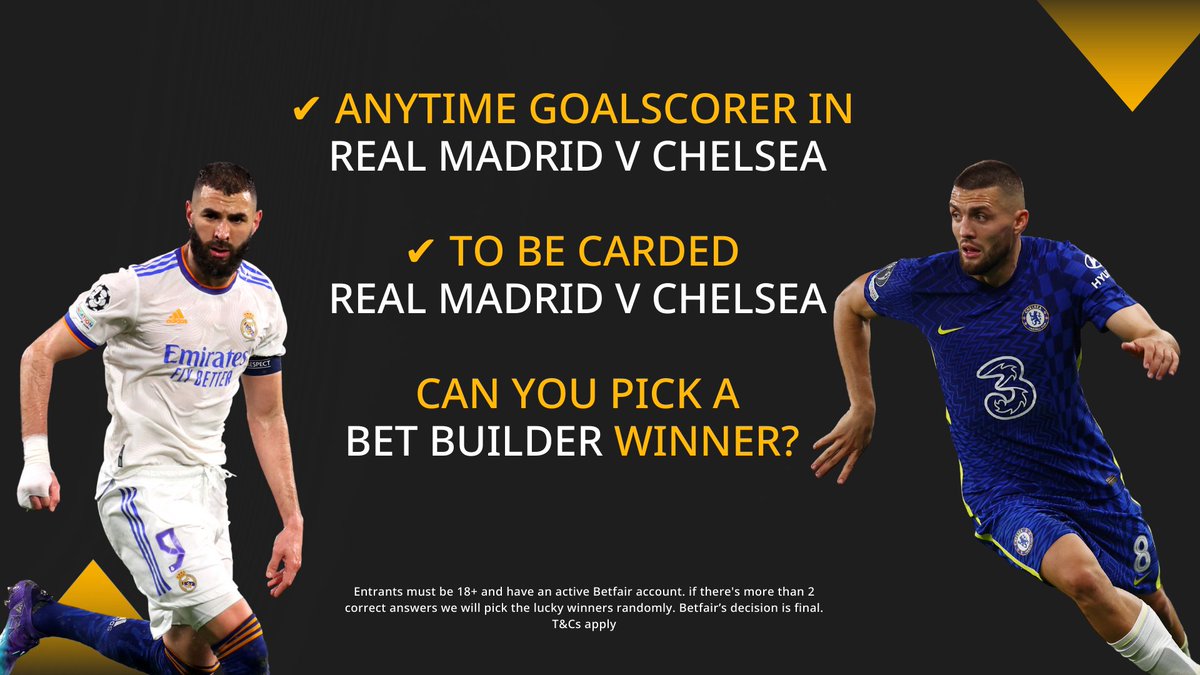 Betfair's tweet image. 🙌 Its competition time again... 

🤩 We're giving away two x £25 free bets!

Get involved by simply RTing and sharing a Bet Builder on Real Madrid v Chelsea. We want a double of an...

️⚽️ Anytime goalscorer
📒  Player to be carded
