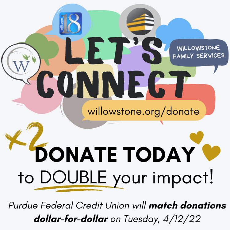 Willowstone Family Services (@willowstonefs) on Twitter photo DOUBLE your impact today! <a href="/PurdueFed/">Purdue Federal Credit Union</a> is MATCHING donations dollar-for-dollar on Tuesday, Apr 12!
Donate on Facebook or through our website: willowstone.org/donate
All proceeds support Willowstoneโs mental health and family services.
THANK YOU, Purdue Federal Credit Union! DOUBLE your impact today! <a href="/PurdueFed/">Purdue Federal Credit Union</a> is MATCHING donations dollar-for-dollar on Tuesday, Apr 12!
Donate on Facebook or through our website: willowstone.org/donate
All proceeds support Willowstoneโs mental health and family services.
THANK YOU, Purdue Federal Credit Union!