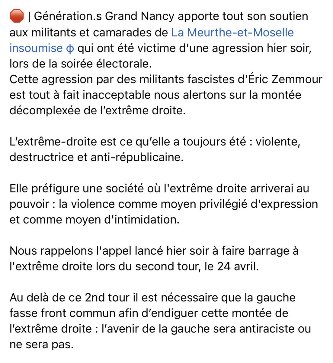 Generations_GN's tweet photo. 🛑 Soutien aux militants et camarades insoumis agressés hier soir à Nancy par l’extrême droite

L’avenir de la gauche sera antiraciste ou ne sera pas👇 https://t.co/WutXTLi0oS