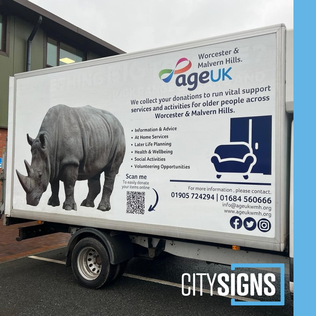 citysigns's tweet photo. This vehicle livery project for Worcester &amp; Malvern Hills Age UK certainly packs a punch! 🦏🦒

Not only does it provide a great way of raising awareness but it also gives info about the help they need.

More info: https://t.co/quX7yNQKdl
#vehiclelivery #worcestershirehour https://t.co/eUz3Lukmij