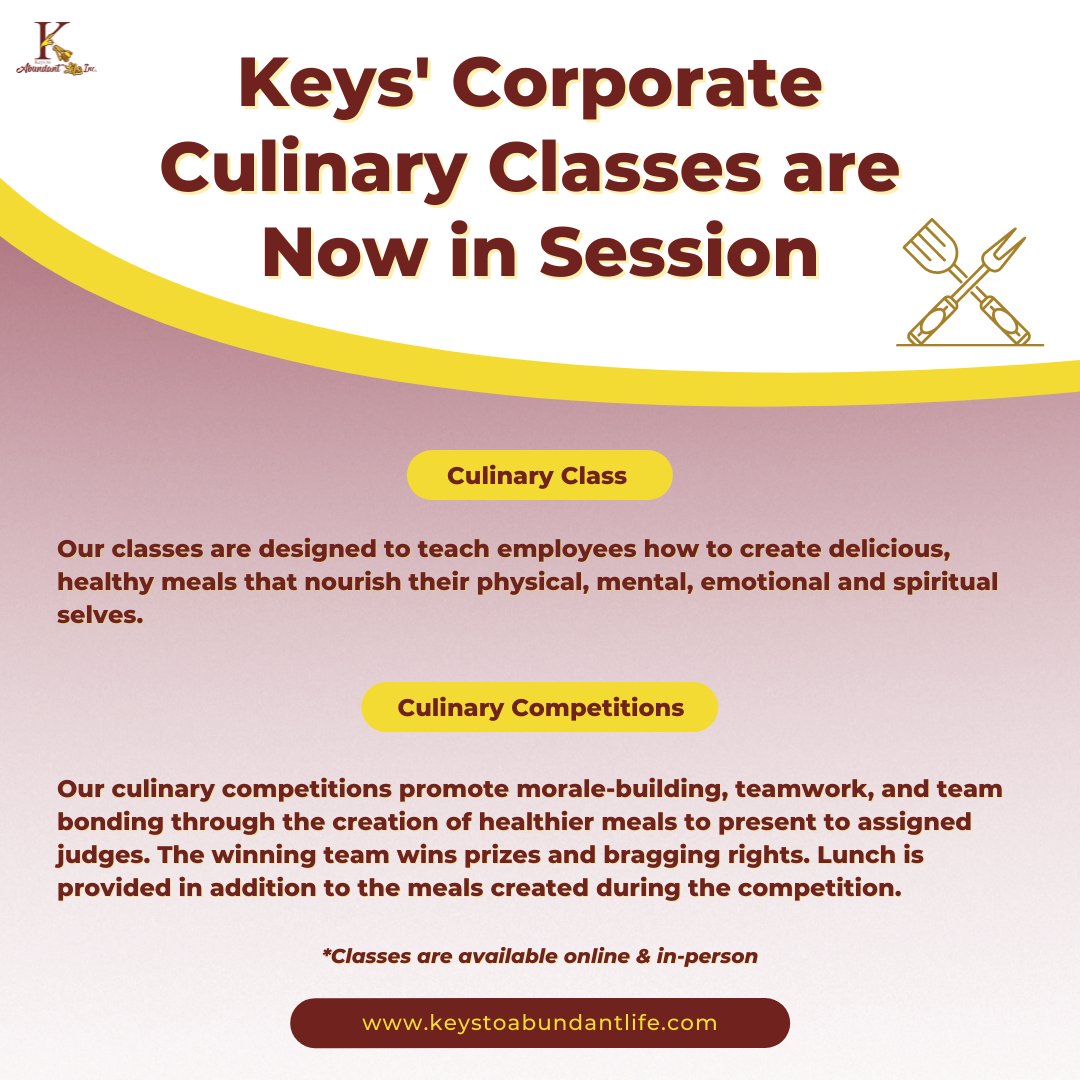 Our virtual AND in-person individual, group, and corporate culinary classes are in session.
🔑 Interactive lessons
🔑 Delicious recipes
🔑 One on one &amp; group coaching
🔑 Team building exercises
🔑 Healthy lifestyle tips
🔑 Approach to holistic wellness

keystoabundantlife.com