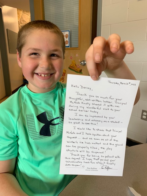 Darcey received a letter today from Director Buffone, after inquiring with his own letter, about when the play structures would be re-opening. #springishere
@buffone_pino @RCDSB