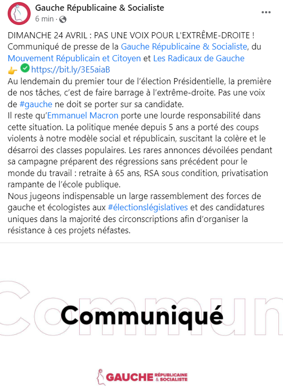 Gauche_RS's tweet photo. Dimanche 24 avril : pas une voix pour l'extrême-droite !👉 https://t.co/JR7pzlRuU5
communique de presse de la Gauche Républicaine et Socialiste, du @MRC_France et des @Radicaux_Gauche https://t.co/ecIrCZaP38