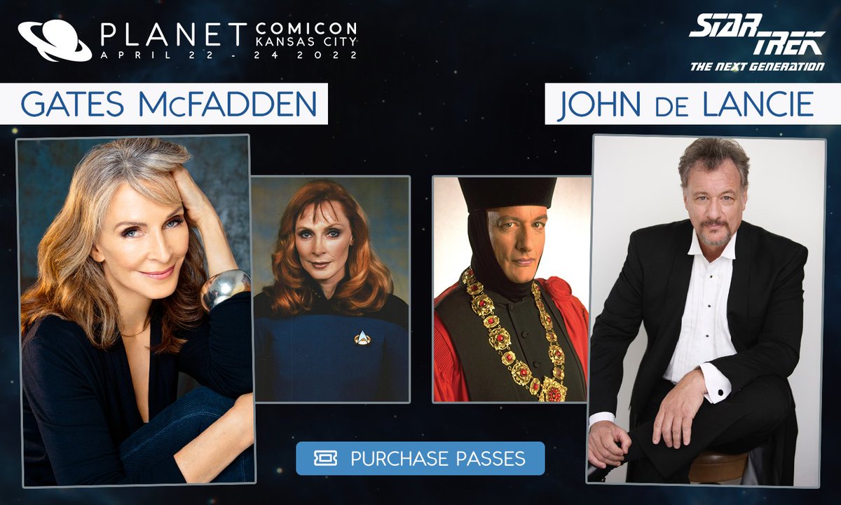 PlanetComicon's tweet photo. 1️⃣0️⃣ days until Planet Comicon Kansas City 🚀

QUESTION: For a chance to win an autograph or photo op with either of our Star Trek: The Next Generation guests, tell us what your job would be on the USS Enterprise or elsewhere within Starfleet. https://t.co/DVNsOiipqi