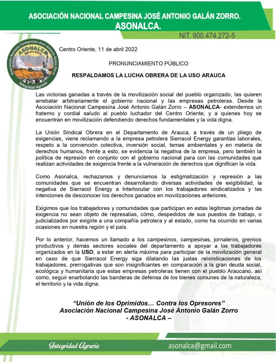 Pronunciamiento público. Desde Asonalca respaldamos la lucha obrera de la <a href="/uso_arauca/">USO Arauca</a>