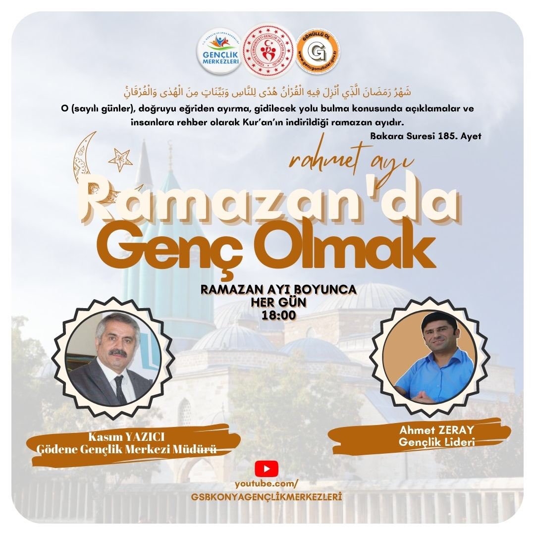 GSB_KaratayGM's tweet photo. Ramazan'ın 11.gününde Konuğumuz Gödene Gençlik Merkezi Müdürü Kasım Yazıcı Bey "Gençliğin Karşılaşabileceği ilahi imtihanlar, Musibetler ve Sabır" konusunda bizi bilgilendirecektir.
#MerkezimdeRamazan https://t.co/BBeDakQudN