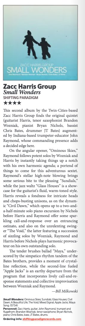 Great 4 star review of Zacc Harris Group's SMALL WONDERS in the new issue of Downbeat Magazine. Check it out and listen/purchase the album at sym.ffm.to/smallwonders