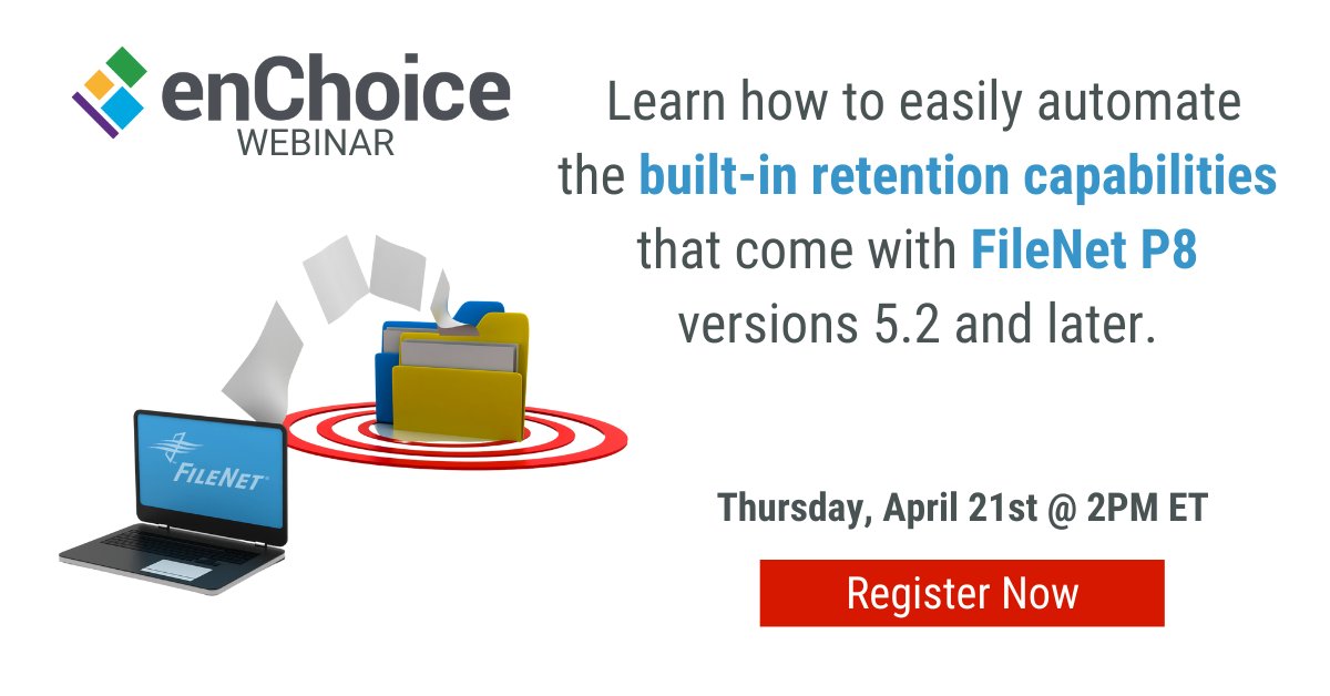 enchoice's tweet image. Join @gstakhov as he demonstrates how to easily automate the built-in retention capabilities that come with #FileNet P8 versions 5.2 & later! ow.ly/Mkx050IGV8Z