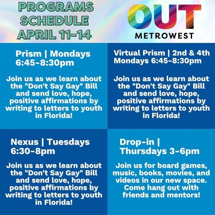 OUTMetroWest's tweet photo. Program’s schedule for this week! We’ll be saying gay all week at Prism (grades 9-12), Virtual Prism (grades 9-12), and Nexus (grades 6-8). Join us for Drop-in on Thursday (grades 6-12)! Hope to see you there🤩

For more info, visit https://t.co/s0d2l2jVgT https://t.co/c72eiVJr2s