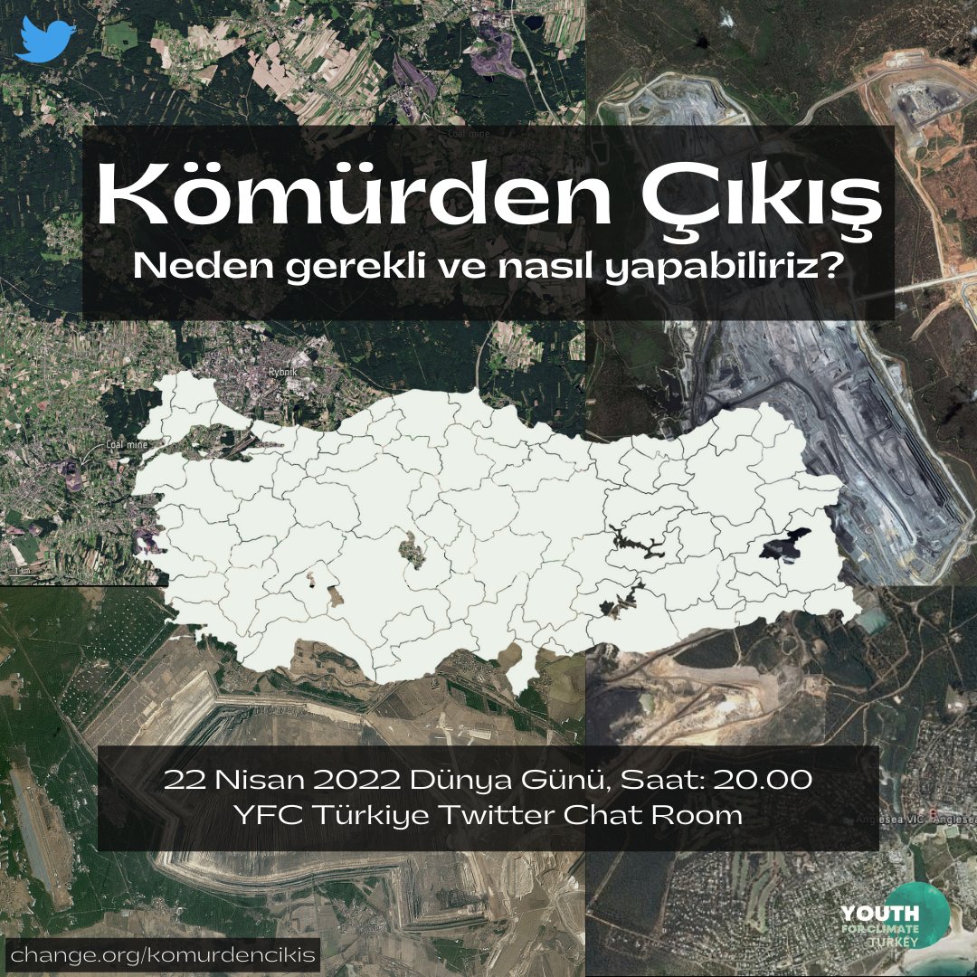 Dünya Gününde 'Türkiye'nin Enerji Geleceği'ni konuşuyoruz. Türkiye kömürden çıkacağını ne zaman açıklayacak? Zamanımız azalıyor. 📅22 Nisan 2022 🕗 20.00'de 📍 Twitter Chat Room'da görüşmek üzere... ✍️ Kampanyamızı imzalayıp, destek vermek için; change.org/TürkiyeKömürde…