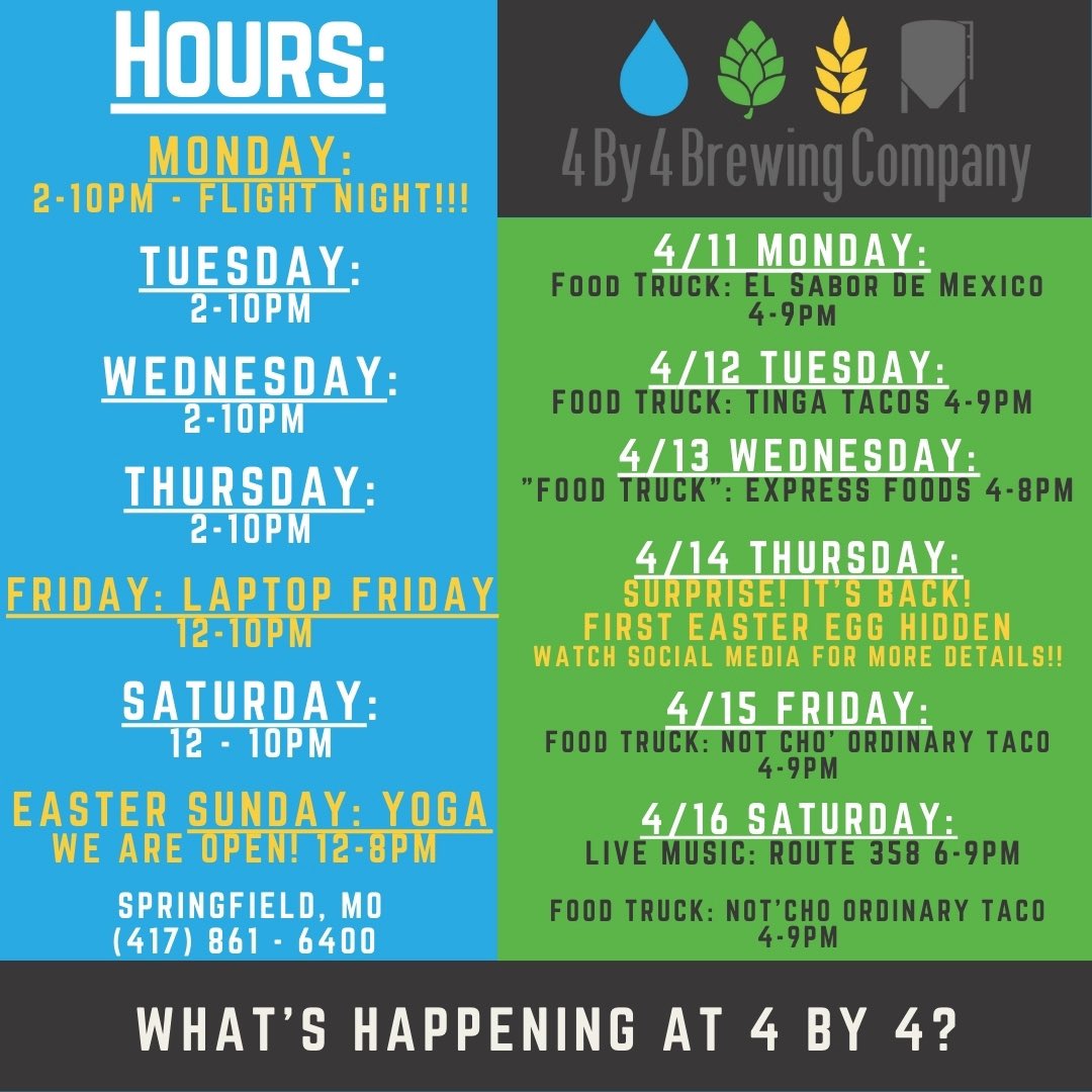 4by4Galloway's tweet photo. Here's what's happening at 4 by 4 this week!!⁠

*Food Trucks subject to change*
⁠
#somanyevents #weeklyevents #417land #thingstodo #keepup #flightnight #easteregghunt #easter #laptopfriday #beeryoga #foodtrucks #music #springfieldmoevents #breweryevents #gallowaydistrict https://t.co/rFpLiEzx93