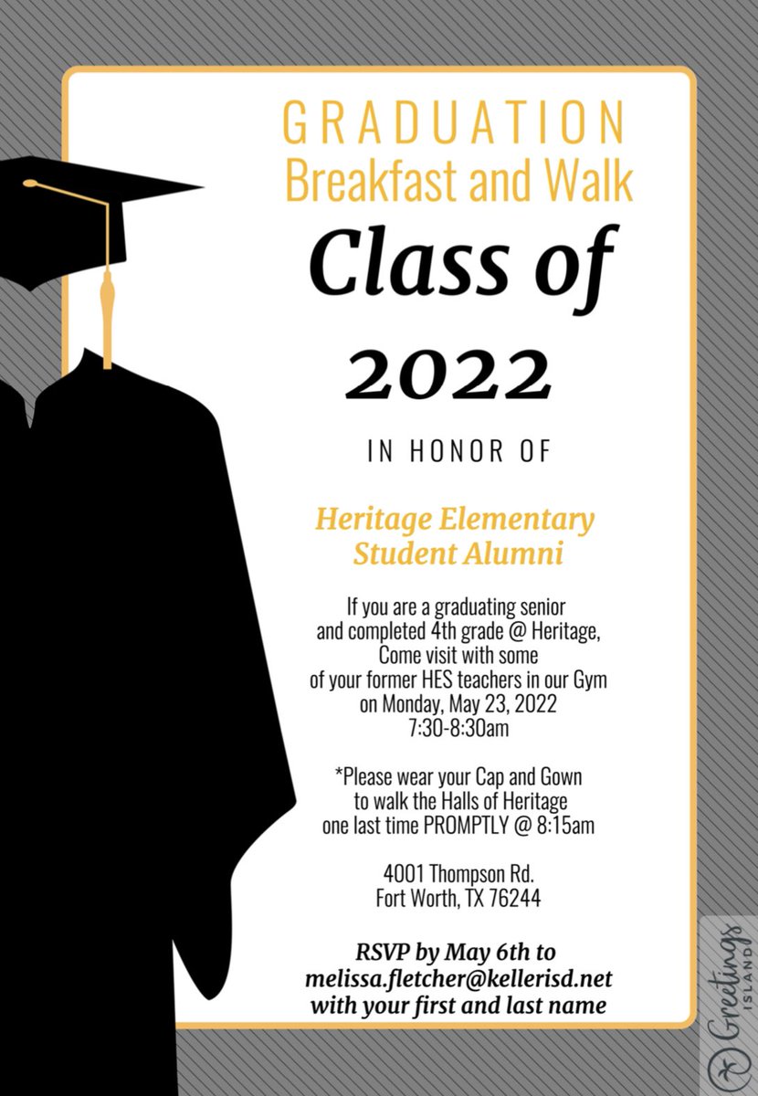 Calling all class of 2022 former panthers/heroes! Join us for breakfast on 5/23 in your cap &amp; gown before walking the stage. RSVP to Melissa.fletcher@kellerisd.net by 5/6 🎓