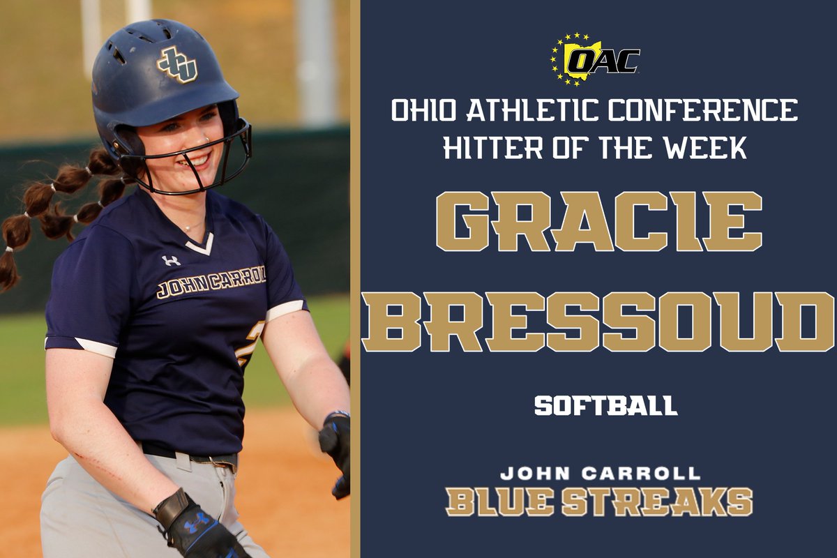 John Carroll Sports (@jcusports) on Twitter photo SB: GRACIE B!
Gracie Bressoud earns her first career OAC Hitter of the Week honor after leading the Blue Streaks to a pair of OAC wins this week 🥎
📰 jcusports.com/news/2022/4/11…
#GoStreaks ⚡️ <a href="/jcu_softball/">JCU Softball</a> SB: GRACIE B!
Gracie Bressoud earns her first career OAC Hitter of the Week honor after leading the Blue Streaks to a pair of OAC wins this week 🥎
📰 jcusports.com/news/2022/4/11…
#GoStreaks ⚡️ <a href="/jcu_softball/">JCU Softball</a>
