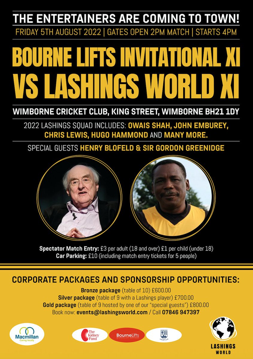 LashingsWorldXI's tweet photo. 💥The news is out! 💥We're hosting our very own home game at @WimborneCC with some of the biggest names in cricket!

🏏Join what's set to be an epic showcase of #cricket, legends &amp; entertainment @blowersh @owaisshah203 

PLUS! Check out our rivals on the day, @BourneLifts !👇🏼 https://t.co/nl0OeT9gYY