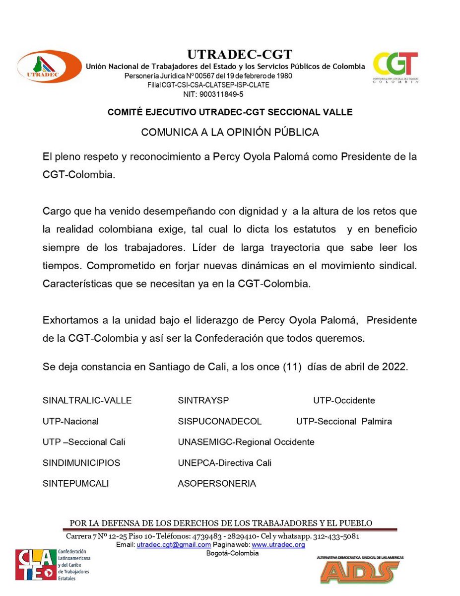 sispuconadecol's tweet photo. Comunicado de opinión pública @UTRADECC @CGTCol  Total respaldo a nuestro compañero @poyolap https://t.co/PqmoHzTJSV