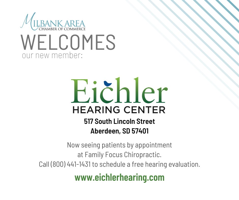 Welcome to our new Milbank Area Chamber member: Eichler Hearing Center.

Cameron will be seeing patients at Family Focus Chiropractic by appointment. Call (800) 441-1431 to book your free hearing evaluation.

#newmembermonday #milbanksd #milbankchamber #milbankstrong
