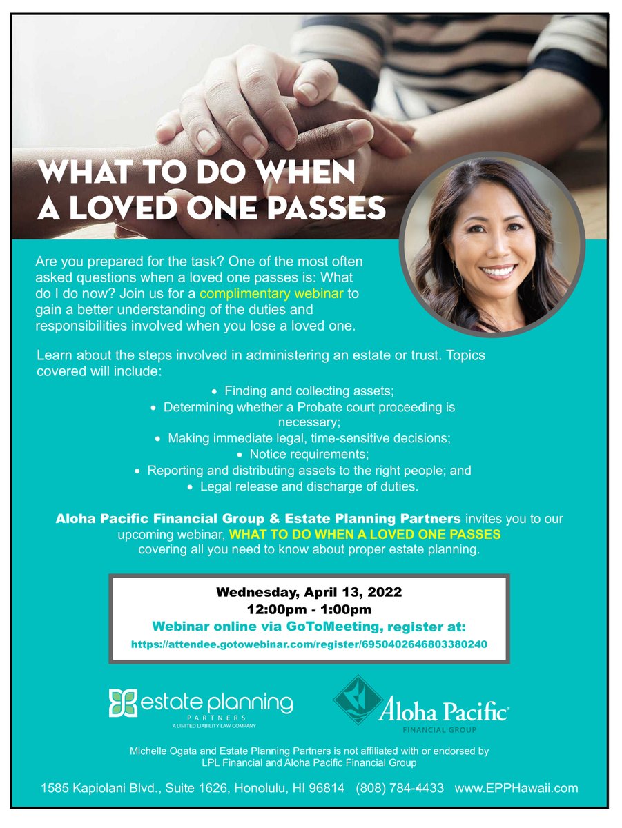 APFCU's tweet image. It’s not too late to enroll in the FREE webinar presented by Aloha Pacific Financial Group and Estate Planning Partners. 

It’s happening this Wednesday, April 13, noon to 1 p.m.

Sign up today at bit.ly/3xgbMh2