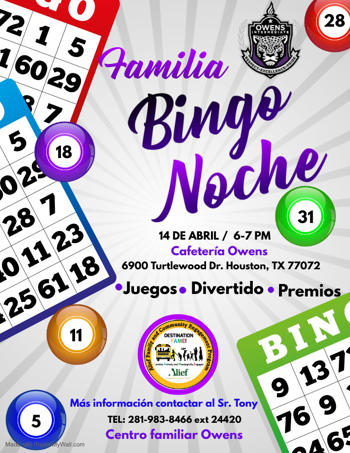 Who doesn't love a great game of Bingo? Come on out this Thursday night and try your luck at some great prizes and a fun time with other families. <a href="/OwensInt/">Owens Intermediate</a> @CenterOwens <a href="/AliefISD/">Alief ISD</a>