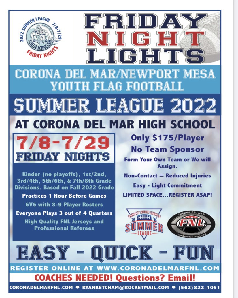 Come one…Come all.
CDM Friday Night Lights is getting ready to rock with our Summer League Schedule in July. Youth players looking for great coaching and competition, this is the one for you whether you are Flag or Tackle in the Fall…

coronadelmarfnl.com/page/show/9916…