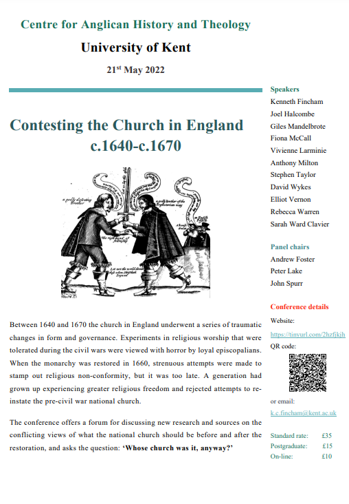 BunyanSociety's tweet photo. Very much looking forward to the Centre for Anglican History and Theology’s hybrid conference, ‘Contesting the Church in England c.1640-c.1670’ at @UniKent on Saturday 21 May 2022. Registration link: https://t.co/WjZVtsJF1z https://t.co/r93ziRUA56