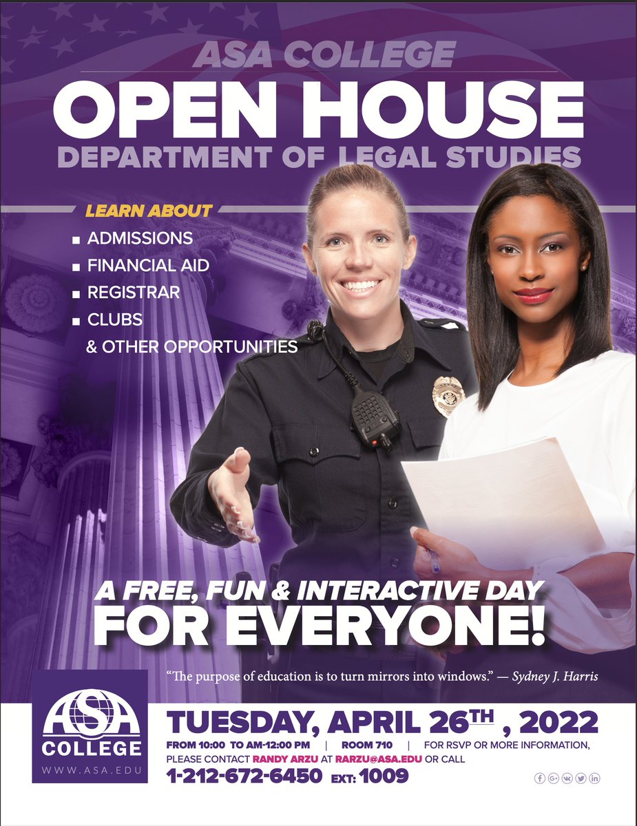 ASAHialeah's tweet photo. ASA COLLEGE 

Department of Legal Studies  
Open House  
Tuesday, April 26th, 2022 
From 10:00AM-12:00PM  

 For RSVP or More Information Please Contact Randy Arzu at rarzu@asa.edu or call 1-212-672-6450 EXT:1009  
VISIT OUR WEBSITE  https://t.co/r8C07g1Dq1 https://t.co/cmECZ2znfF