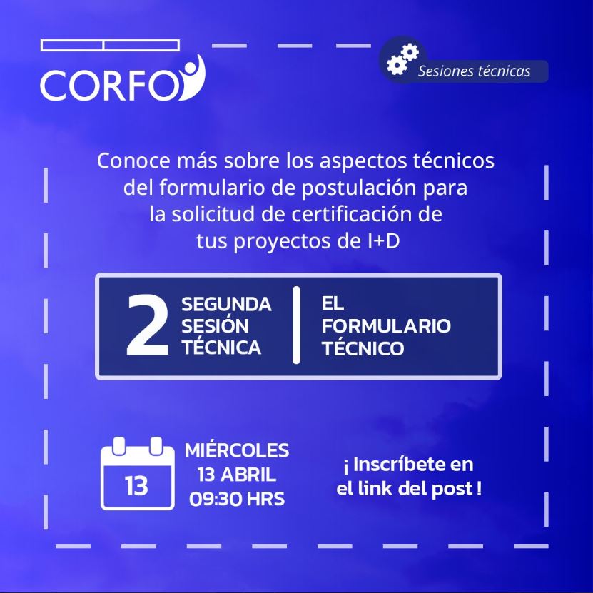 CorfoAysen's tweet image. ¿Sabías que puedes acceder a un beneficio tributario por la inversión que haces en I+D en tus proyectos? Este miércoles 13/04 conoceremos más sobre el Formulario Técnico para resolver las principales dudas al momento de plantear un proyecto. Inscríbete en bit.ly/3DunEgp