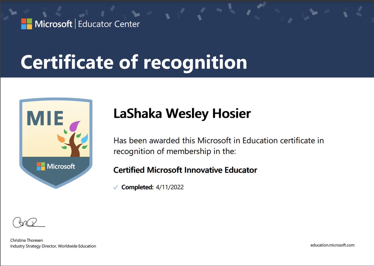 Added ANOTHER certification today! I am now a Certified Microsoft Innovative Educator. #anotherone #ontothenextone  #lifelonglearner #getonmylevel #imcertifiable