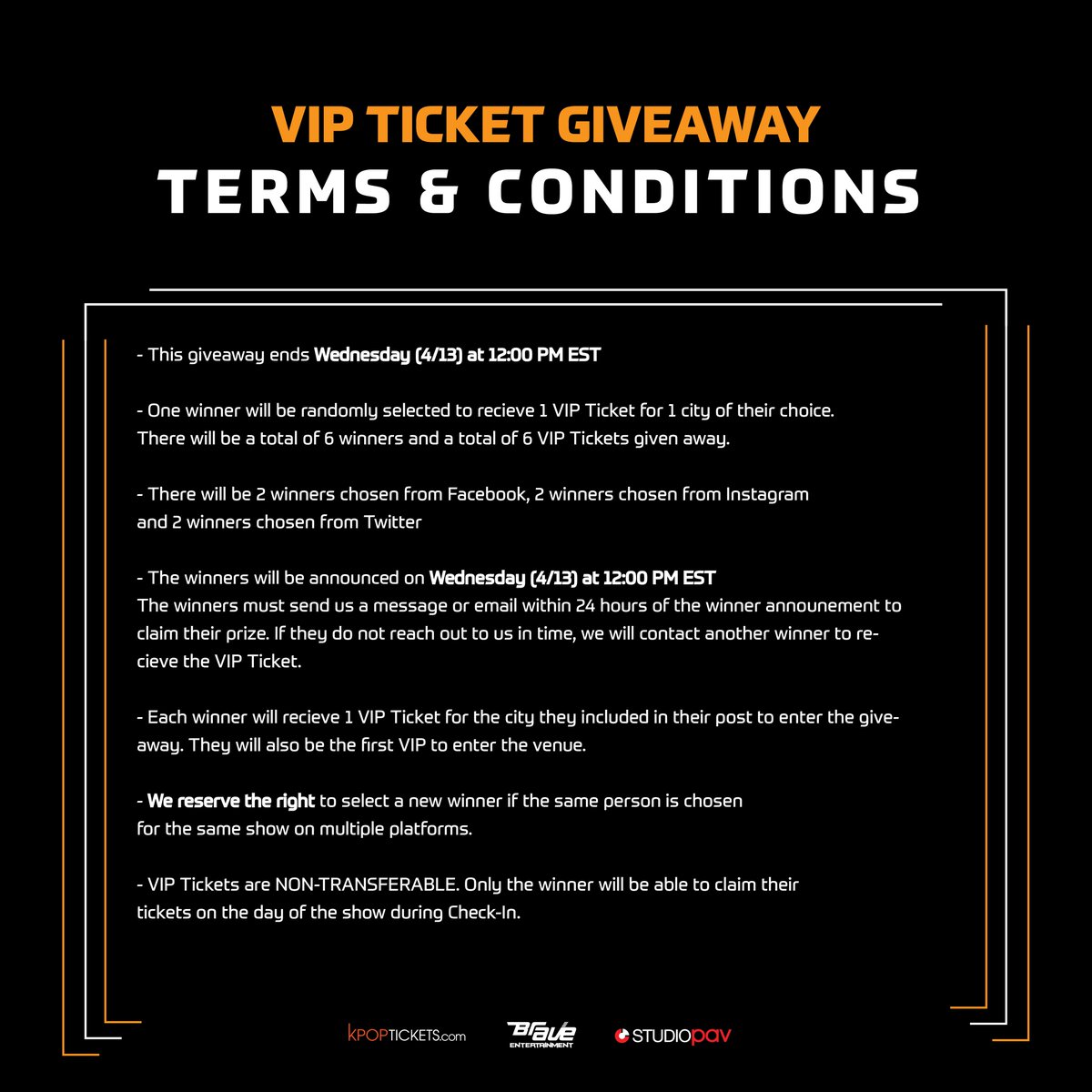 studio_pav's tweet photo. ‼️GIVEAWAY ALERT‼️

Enter for a chance to win a ✨VIP Ticket✨ for 🧡2022 DKB Meet &amp; Live US Tour🧡

Please read the Terms &amp; Conditions and Giveaway Rules on each platform for a chance to win! 🎟️

Giveaway ends: Wed (4/13) at 12PM EST ⏰

#DKB #다크비 #DKBinUSA https://t.co/PYKDEkkKjl