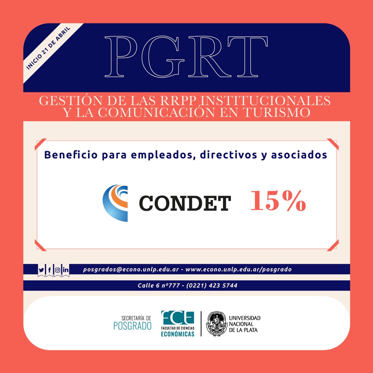 Condetok's tweet image. Excelente oportunidad de POSGRADO: GESTIÓN DE LAS RELACIONES PÚBLICAS INSTITUCIONALES Y LA COMUNICACIÓN EN TURISMO.
Importante: DTO a miembros de CONDET 
Organiza Facultad de Ciencias Económicas, Universidad Nacional de  la PLATA #POSGRADO #TURISMO #CONDET #RELACIONESPUBICAS