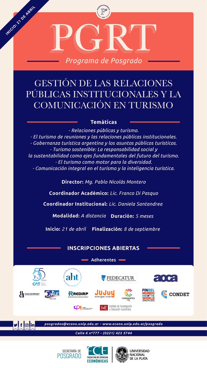 Condetok's tweet image. Excelente oportunidad de POSGRADO: GESTIÓN DE LAS RELACIONES PÚBLICAS INSTITUCIONALES Y LA COMUNICACIÓN EN TURISMO.
Importante: DTO a miembros de CONDET 
Organiza Facultad de Ciencias Económicas, Universidad Nacional de  la PLATA #POSGRADO #TURISMO #CONDET #RELACIONESPUBICAS