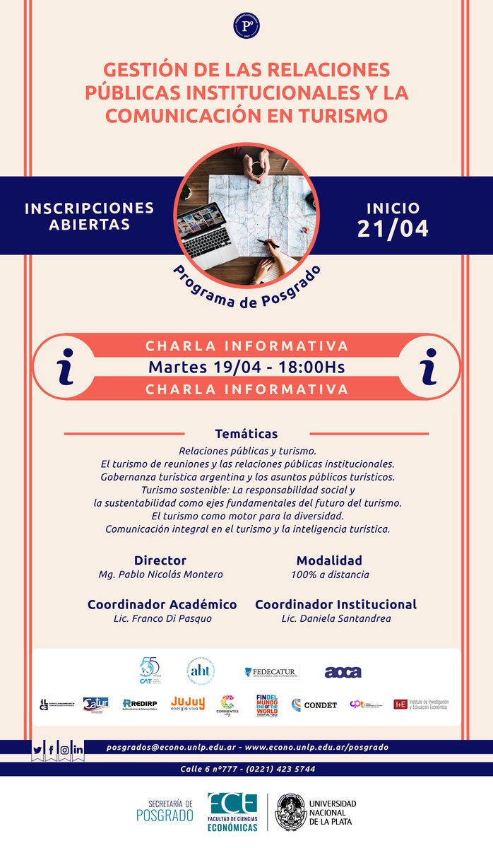 Condetok's tweet image. Excelente oportunidad de POSGRADO: GESTIÓN DE LAS RELACIONES PÚBLICAS INSTITUCIONALES Y LA COMUNICACIÓN EN TURISMO.
Importante: DTO a miembros de CONDET 
Organiza Facultad de Ciencias Económicas, Universidad Nacional de  la PLATA #POSGRADO #TURISMO #CONDET #RELACIONESPUBICAS