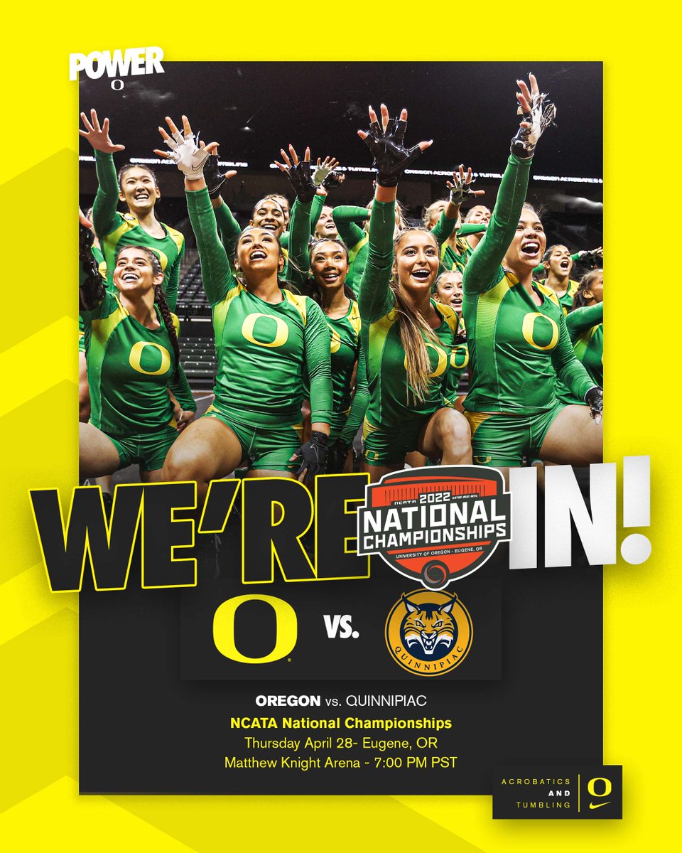 OregonAcroTumb's tweet photo. 𝐓𝐇𝐄 𝐃𝐔𝐂𝐊𝐒 𝐀𝐑𝐄 𝐈𝐍 👊

Oregon will open @theNCATA Championships against No. 4 Quinnipiac on Thursday, April 28. #GoDucks https://t.co/uEjwk1i5dY