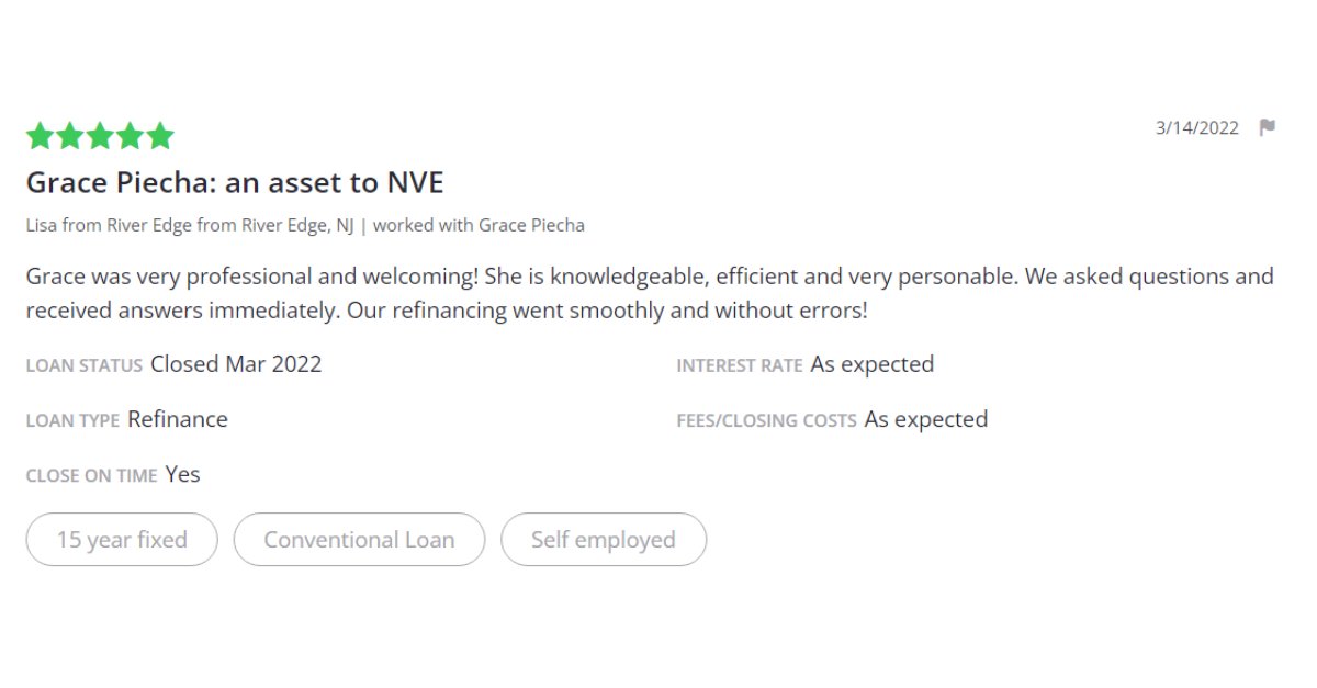 Thanks to Lisa for sharing her experience working with NVE #mortgage loan processor Grace Piecha on her recent #refinance! We are proud to have Grace on our team, helping ensure a smooth, easy process for our customers. ⭐⭐⭐⭐⭐
#banklocal #banksmall #banksofamerica