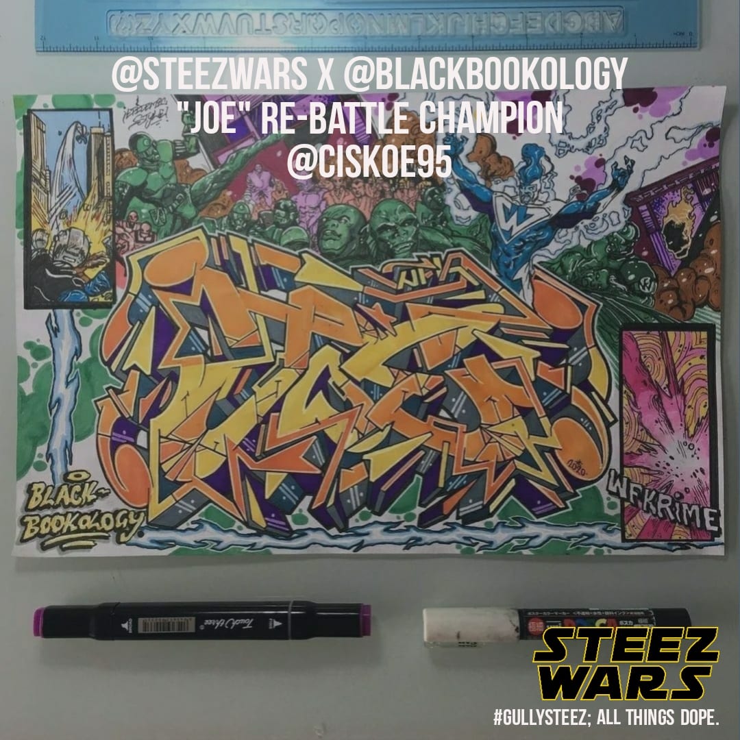 SteezWars's tweet photo. Our "JOE" re-battle champion has been announced! Congrats to @ciskoe95!! 

Follow @SteezWars &amp; @Blackbookology on Instagram if you're a fan of blackbook graffiti. 
https://t.co/HGtlhz2f8j 
-
-
-
#blackbook #graffiti #blackbookgraffiti https://t.co/GWRAxhYgS1