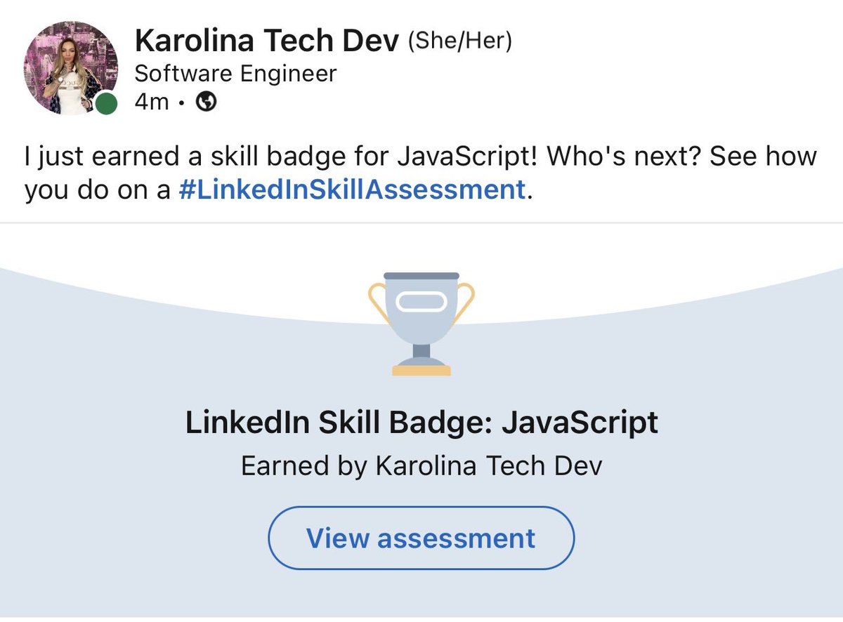 karolinaTechDev's tweet photo. I just earned a skill badge for JavaScript . @LinkedIn @JavaScript 
#100Devs #100DaysOfNoCode #javascript #LinkedInSkillAssessment #softwaredeveloper #SoftwareEngineer #techtwitter https://t.co/yFCsJJJy66
