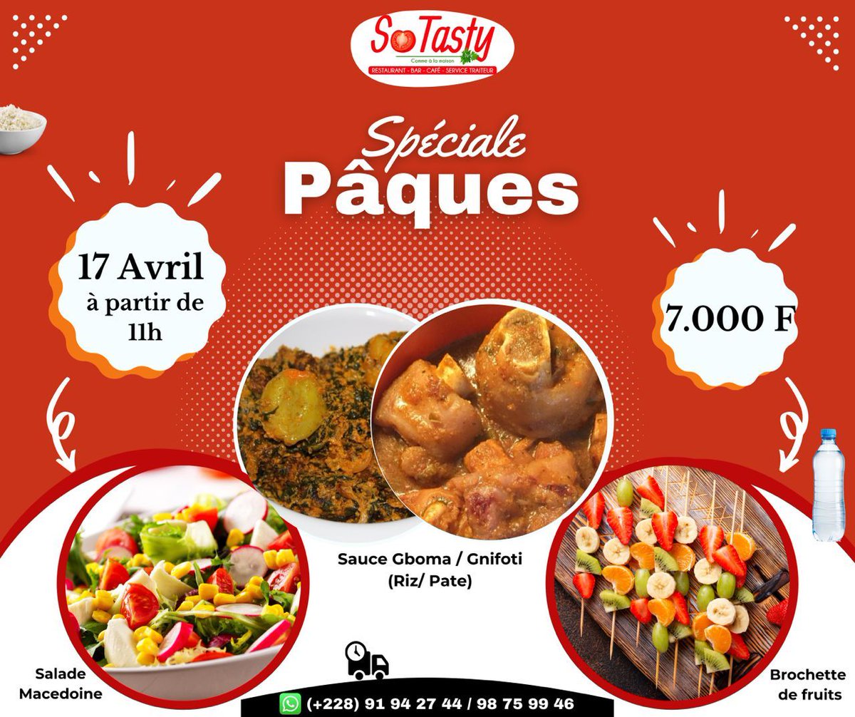 Les fêtes de Pâques 🐣 avec SO TASTY 😍😍 
Vous pouvez déjà réserver. Passez vos commandes au (+228) 91 94 27 44 / 98 75 99 46
Bonne semaine à tous ☺️
