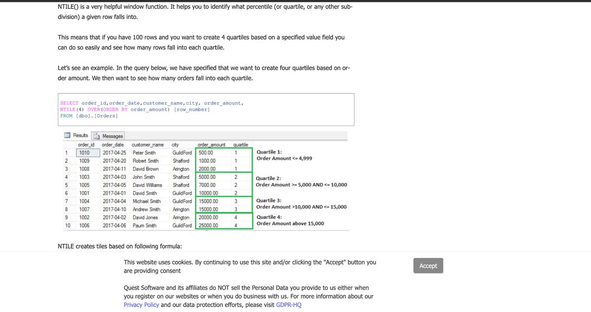 nikifovadim's tweet photo. Well, I have found really good article about Window Functions 👍 in @SQLServer by Ben Richardson on @SQLShack 😍  Now, I can create 4 quartiles based on a specified value field😋

Article: https://t.co/csIMvQ33AK

#SQL #SQLEngineer #SoftwareEngineer https://t.co/NP8Tk9c7vW