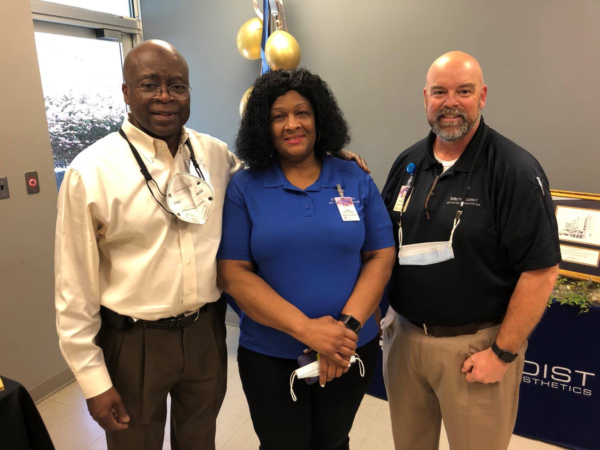 Methodist Rehabilitation congratulates Helen Jeffries-Lamb on her retirement after 29 years with Methodist Orthotics and Prosthetics as a Fitter and Office Coordinator. She is pictured with Larry Word, O &amp; P Senior Clinical Manager and Chris Wallace, O &amp; P Director.