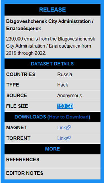 cyber_etc's tweet image. Russia 🇷🇺 : #Anonymous just leaked 3 data sets from Russian administrations :
- 230,000 emails from the #Ministry of #Culture
- 230,000 emails from the #Blagoveshchensk City
- 130,000 emails from the #Tver region
#DDoSecrets #DataBreach #OpRussia #Russia #Ukraine
Via @NatSecGeek