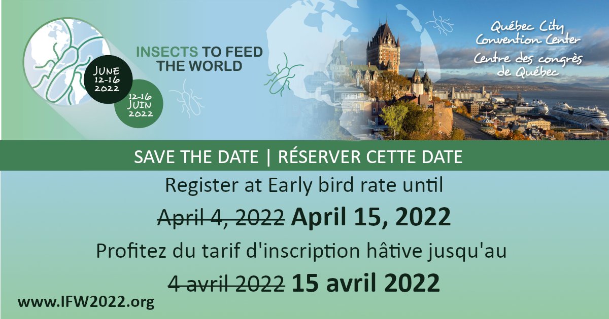 The early bird registration and author registration deadline is prolonged to April 15, 2022. Don't miss the opportunity to benefit this advantageous rate!⁠
⁠⁠
ifw2022.org
<a href="/NACIA_org/">North American Coalition for Insect Agriculture</a>
<a href="/IPIFF_org/">IPIFF</a>
@CEIF_InsectAg
<a href="/NaturalPro_CA/">Natural Products CA</a>
<a href="/AFFIA_Assoc/">AFFIA</a>