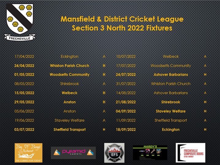 frechevilleccc's tweet photo. After the long winter, the summer of cricket is upon us once again! 

Here are the fixtures for all three seniors sides for the 2022 season.

Good luck to all who take part, play hard, play to win but most of all, enjoy it!!

#seashells🐚 #YCSPL #MDCL #cricket #sheffield https://t.co/R85L80ZSrn