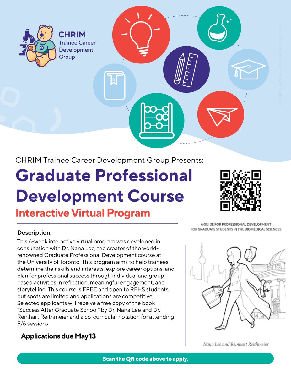 The CHRIM Trainee Career Development Group is running a 6-week interactive program that aims to help trainees determine their skills + interests. This is open to graduate students in the Rady Faculty of Health Sciences. 

Learn more➡️tinyurl.com/3342debc