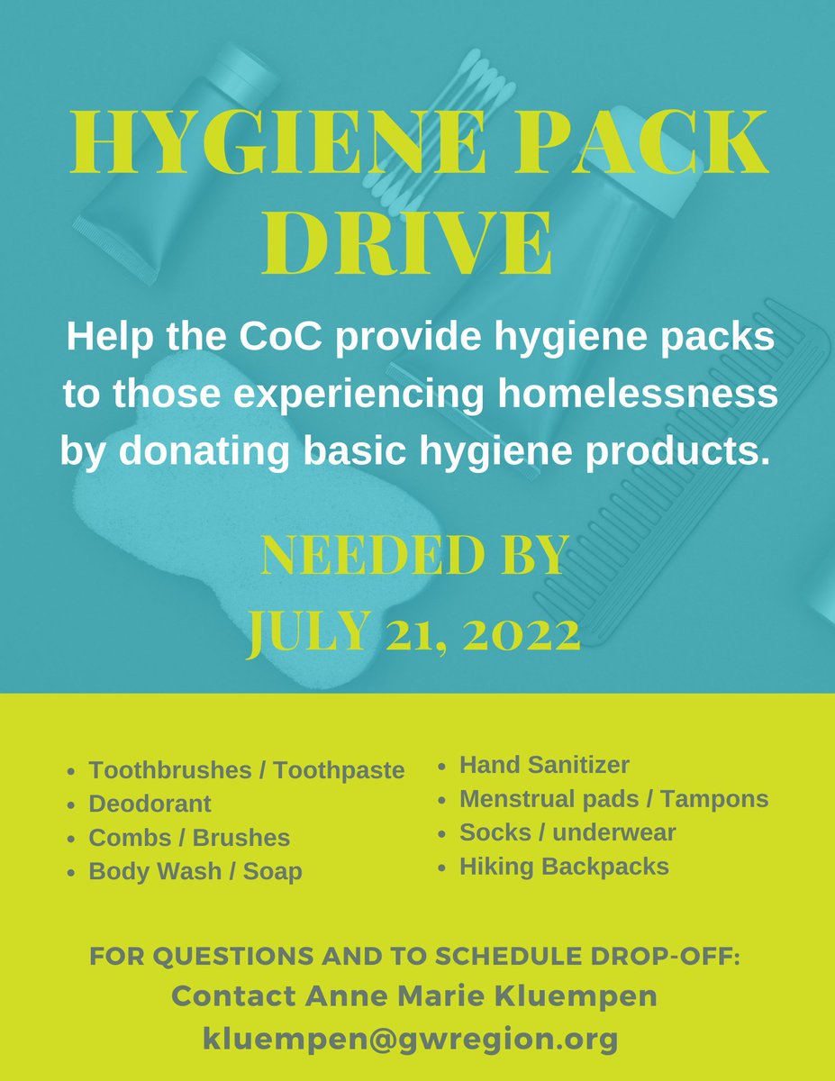 FredRegionCoC's tweet photo. The CoC is conducting a hygiene drive to get hygiene products to be given to those experiencing homelessness. We would love to have the Items by 7/21/22. Please contact Anne Marie Kluempen atkluempen@gwregion.org for questions or to schedule drop-off. (Amazon Wishlist in bio.) https://t.co/56TmgLyiFI