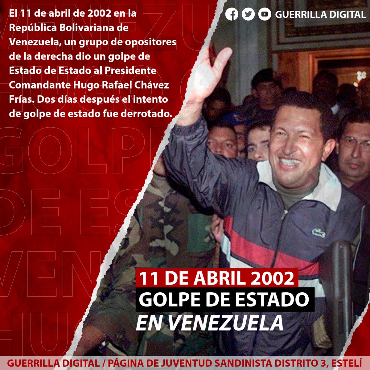 GuerrillaDigi11's tweet photo. 🇻🇪 El 11 de abril de 2002 en la República Bolivariana de #Venezuela, un grupo de opositores de la derecha dio un golpe de Estado de Estado al Presidente Comandante Hugo Rafael Chávez Frías. Dos días después el intento de golpe de estado fue derrotado. #JSEsteliD3 ✊ https://t.co/ajwRHAZSFW