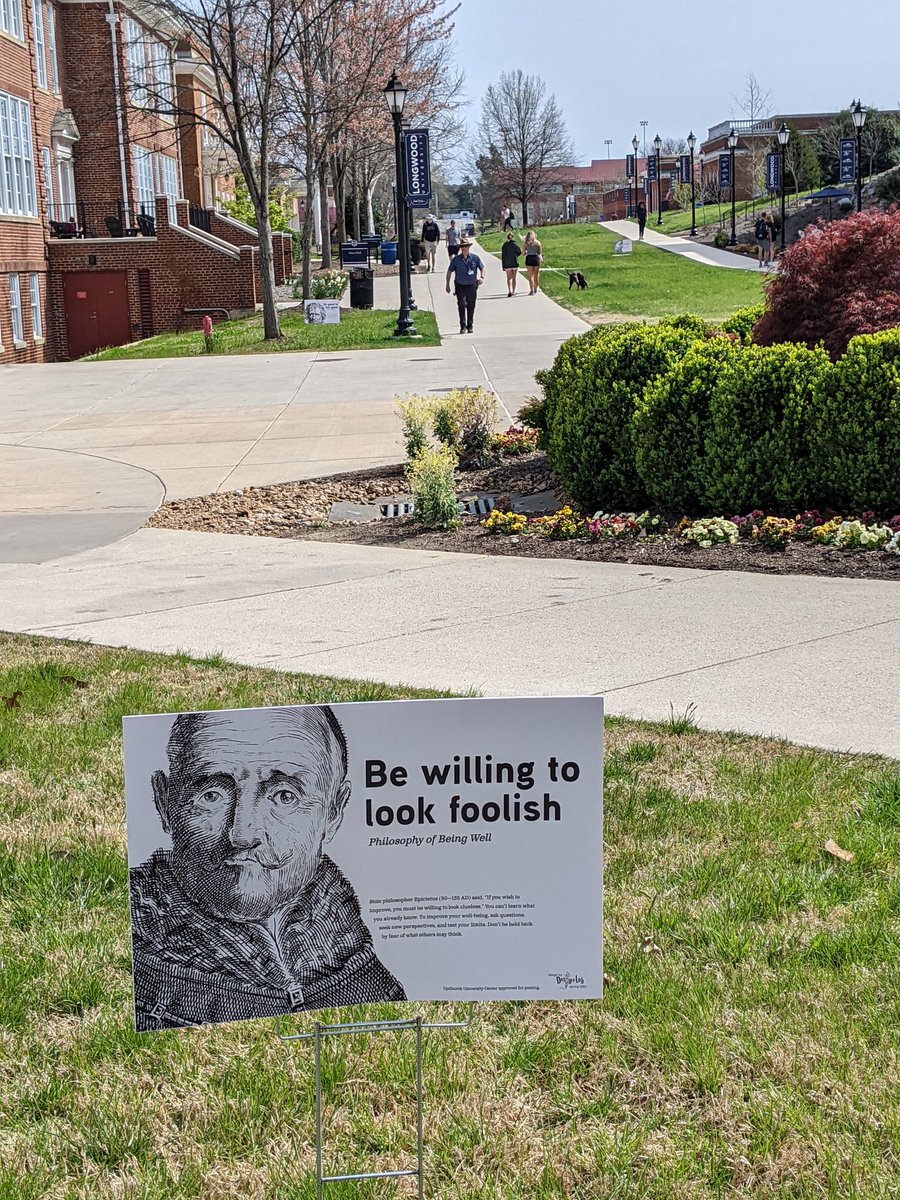 LongwoodFrench's tweet photo. Epictetus and a couple other Stoics make an appearance on campus today--offering reminders for the end-of-the-term crunch. Treat yourself well, be humble in your learning, and take control of what you can control. As for everything else: let it go. https://t.co/KhRgS63Fq7
