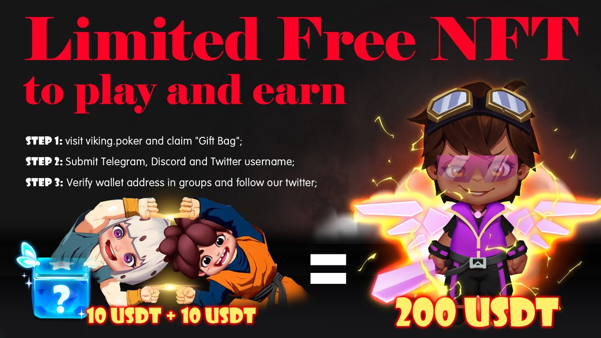 📢2nd round Free NFT#Airdrop 🛫
✨Best chance to get R rarity NFT worth more than 200 Usdt for FREE🎉
1️⃣Visit viking.poker
2️⃣Claim "Gift Bag" and complete "Task" (1 NFT)
3️⃣Login the game to get the bonus (2 NFT)
4️⃣Evolve into R rarity Hero with these 3 free NFT