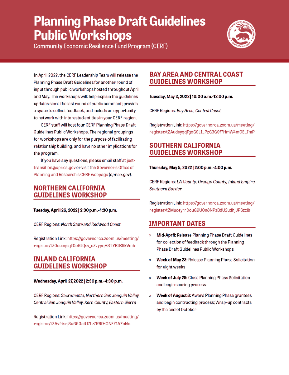 Cal_LCI's tweet photo. Join us for the #CERF Planning Phase Draft Guidelines Workshops in April &amp; May!

We are hosting regional workshops to share the latest updates &amp; collect feedback on the Planning Phase Draft Guidelines.

Check out the workshop dates below &amp; register here: https://t.co/w2R0NKA4Kl https://t.co/xvxMM4S7sd
