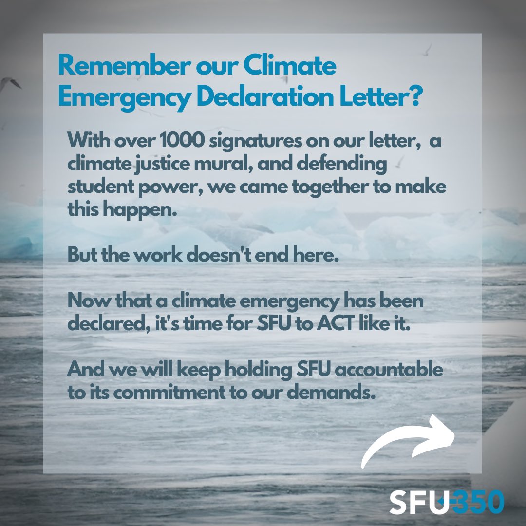 sfu350's tweet photo. After years of fighting for divestment, our Climate Emergency
Declaration Letter Campaign (with over 1000 signatures), and
students coming together from all departments, affiliations,
and spaces - we pushed and made this happen! https://t.co/vJqUrHppRf